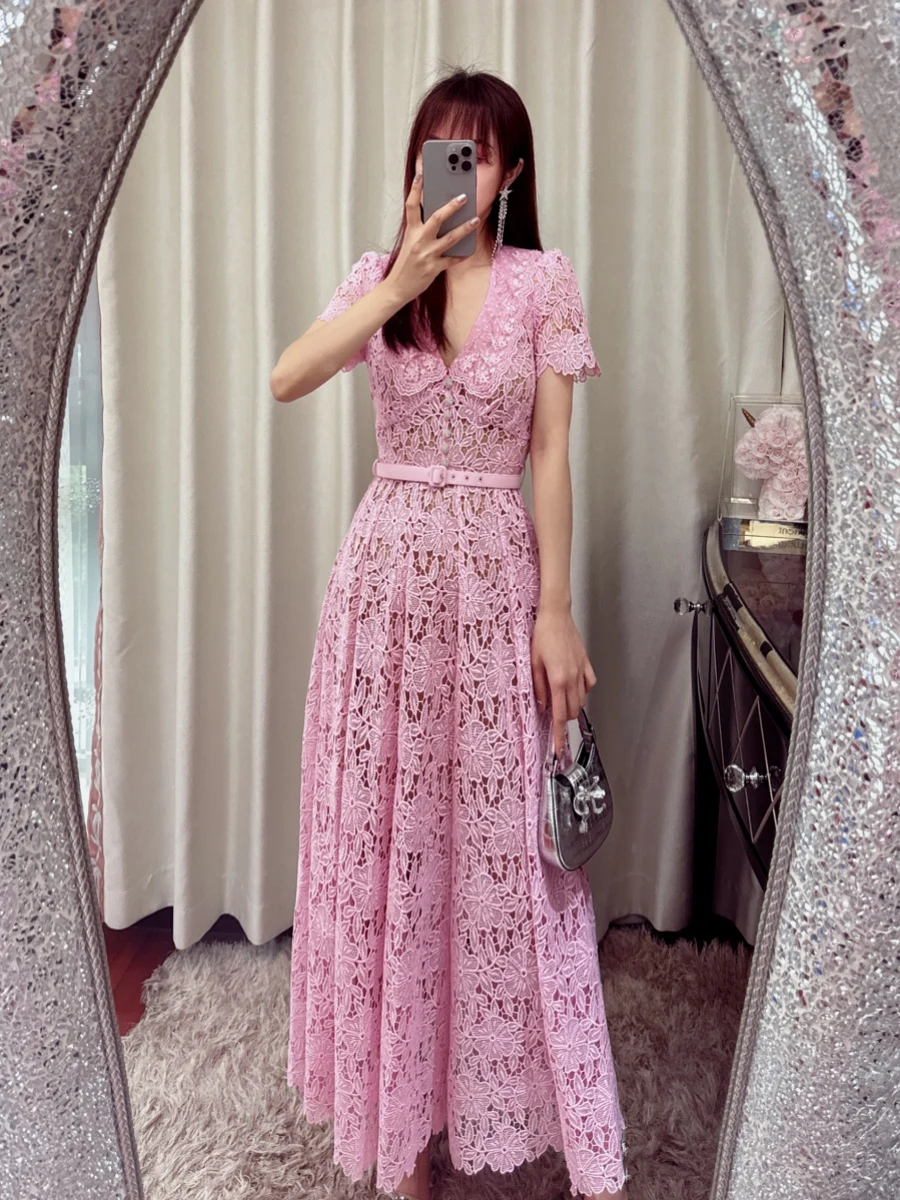 High-End Pink Lapel Sweet Waist Trimming Lace Dress Summer New Fashion High Waist Slim Short Sleeve Long Pattern Ladies Dress