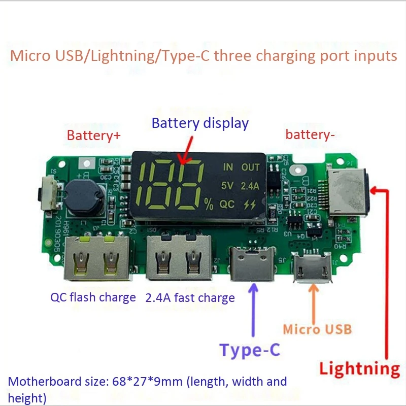 N75R-LED Dual USB 5V 2.4A Micro/Type-C USB Mobile Power Bank 18650 Charging Module Lithium Battery Charger Board 6Pcs