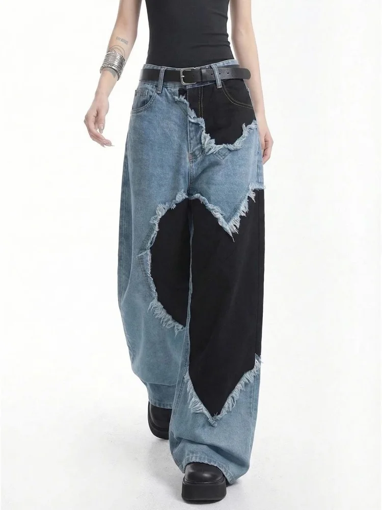 2026 Ropa Y2K Fashion Vintage Blue Heart Patchwork Baggy Women's Jeans 5