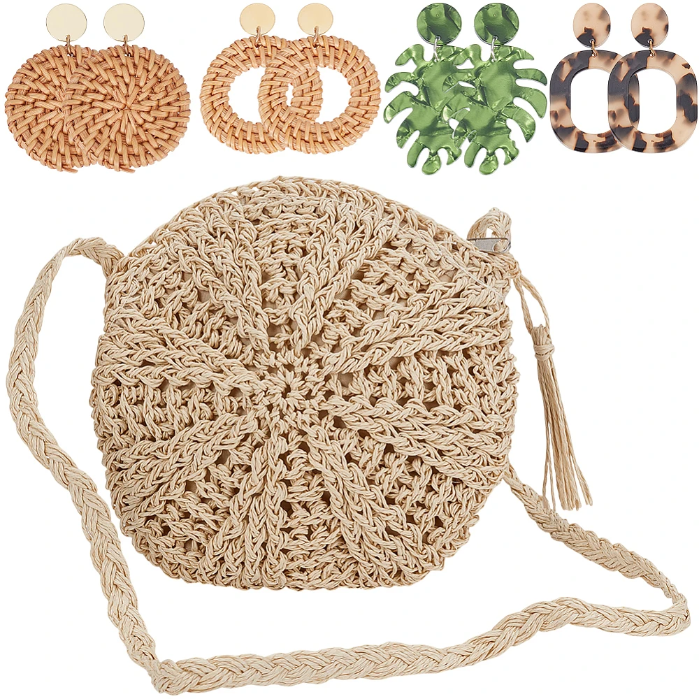 4 Pairs Rattan Earrings Set Light Colour Straw Shoulder Bag for Women Leopard Dangle Acrylic Earring Woven Clutch Handbag