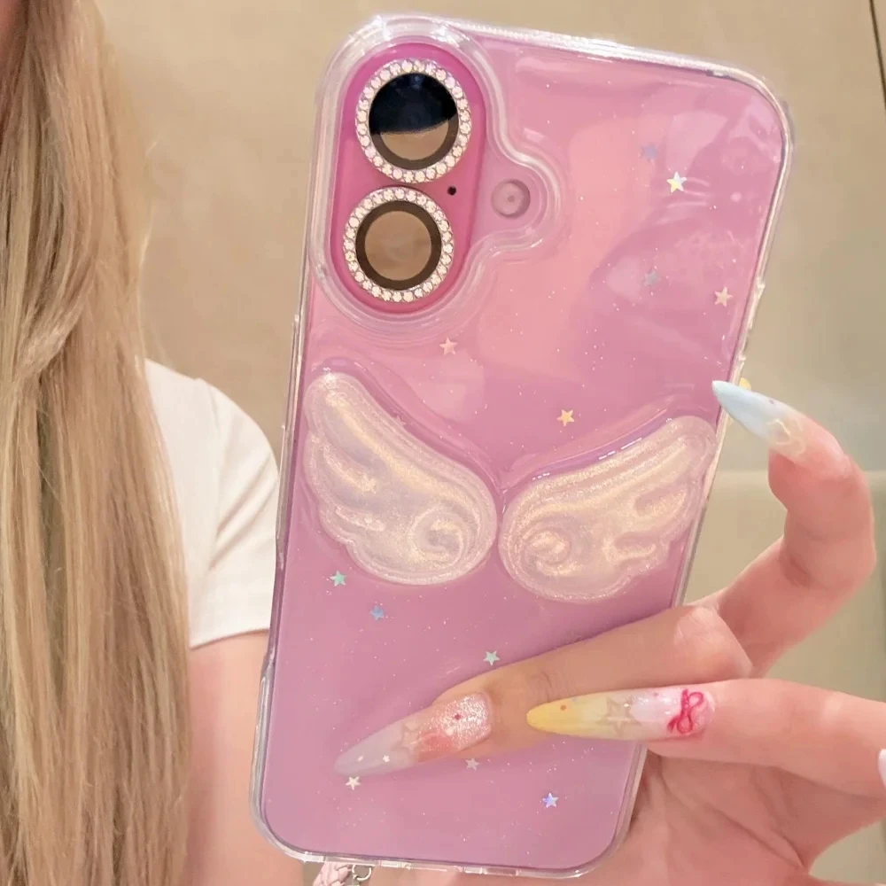 Funda de teléfono coreana INS con alas de Ángel brillantes y purpurina para iPhone 17 Air 16 15 14 13 12 11 Pro Max X XR Max, funda transparente, regalo para niña
