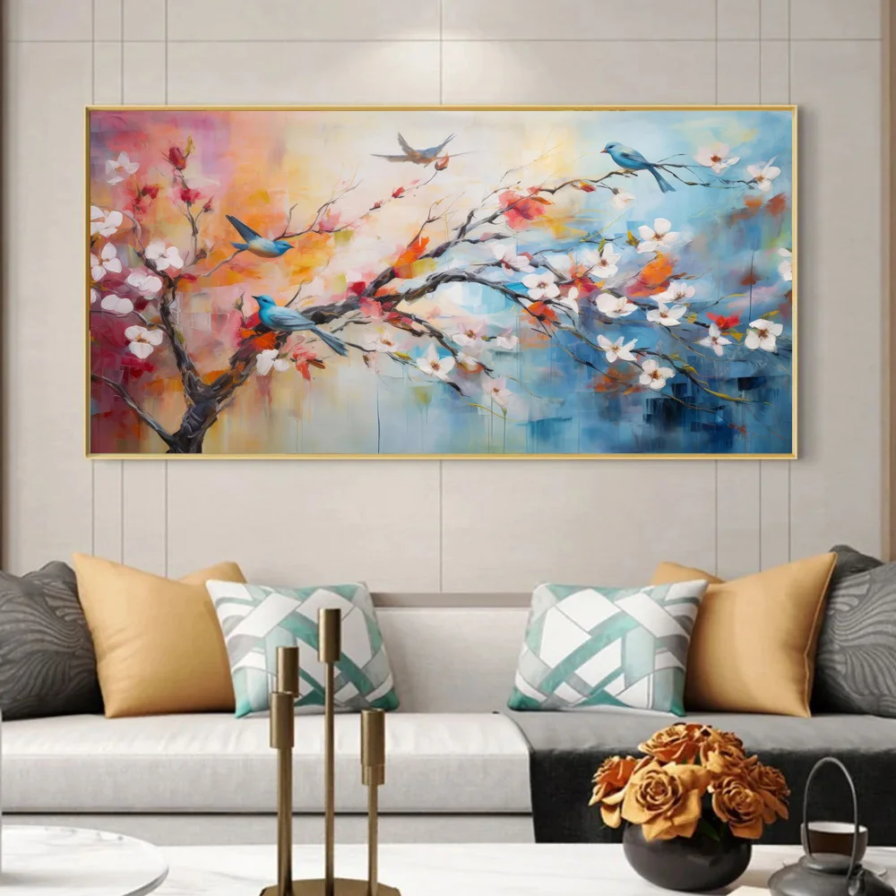 

Abstract Blossom Floral Art Prints Oil Painting Canvas Wall Decor Bird On Flower Branch Poster For Living Room Sofa Background