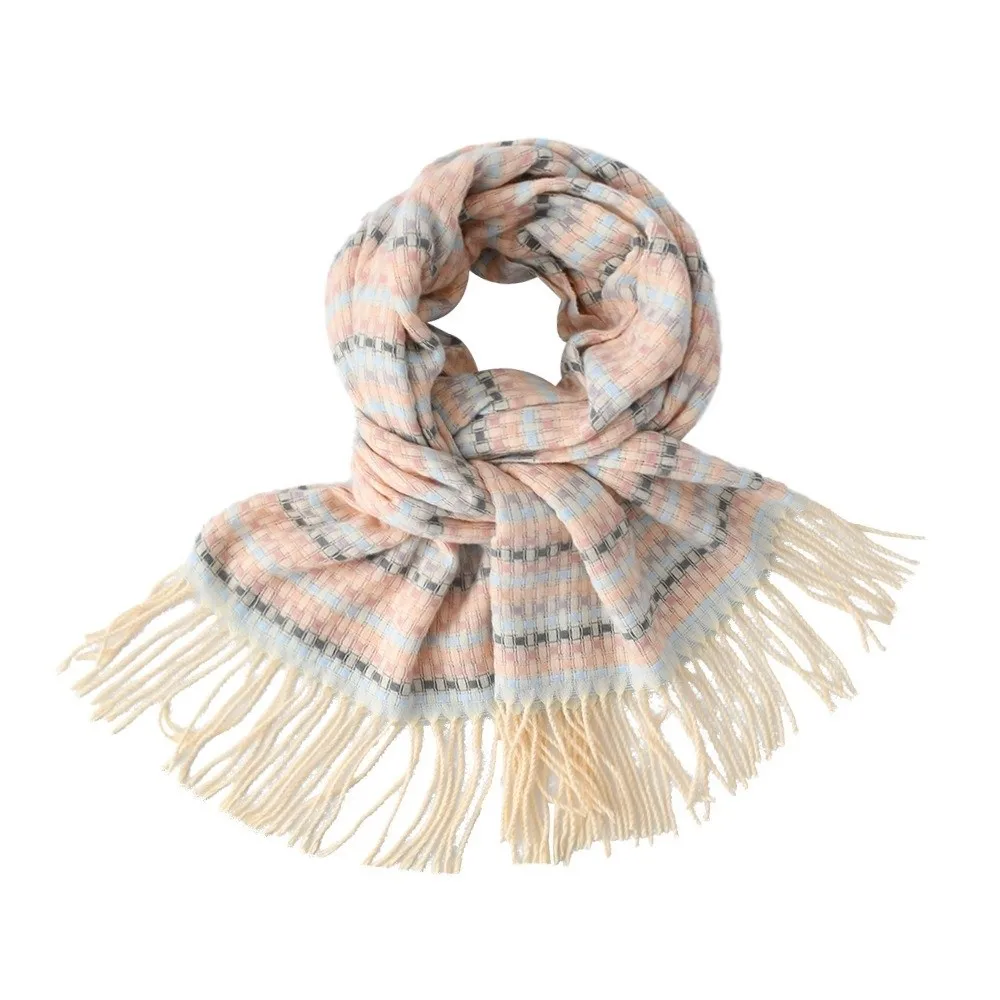 

Soft Dopamine Plaid Scarf Contrast Color Korean Style Knitted Wool Shawl Polyester Faux Cashmere Long Neckscarf with Tassel