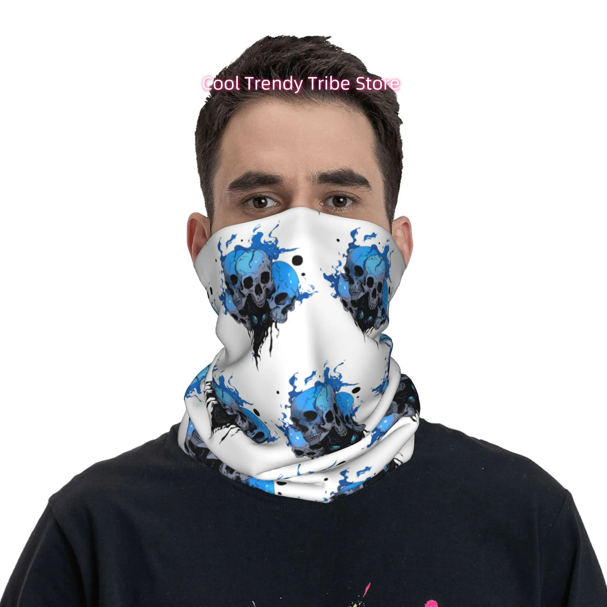 Stacked Blue Flame Skulls Novelty Print Bandana Men Funny Head Scarf Outdoor Fashion Headwrap Gift