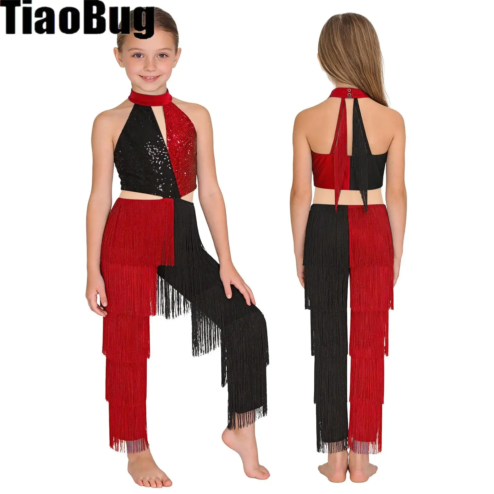 

Kids Girls Latin Disco Dance Jumpsuit Shiny Sequin Tassel Color Block Jumpsuit Halter Sleeveless Cutout Back Bodysuit Dancewear