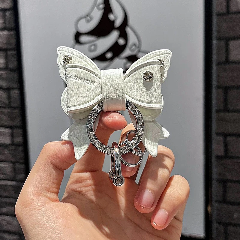 Light Luxury Off-white Rhinestone Bow Keychain, Girly Leather Car Key Pendant, Exquisite Premium Bag Charm For Women