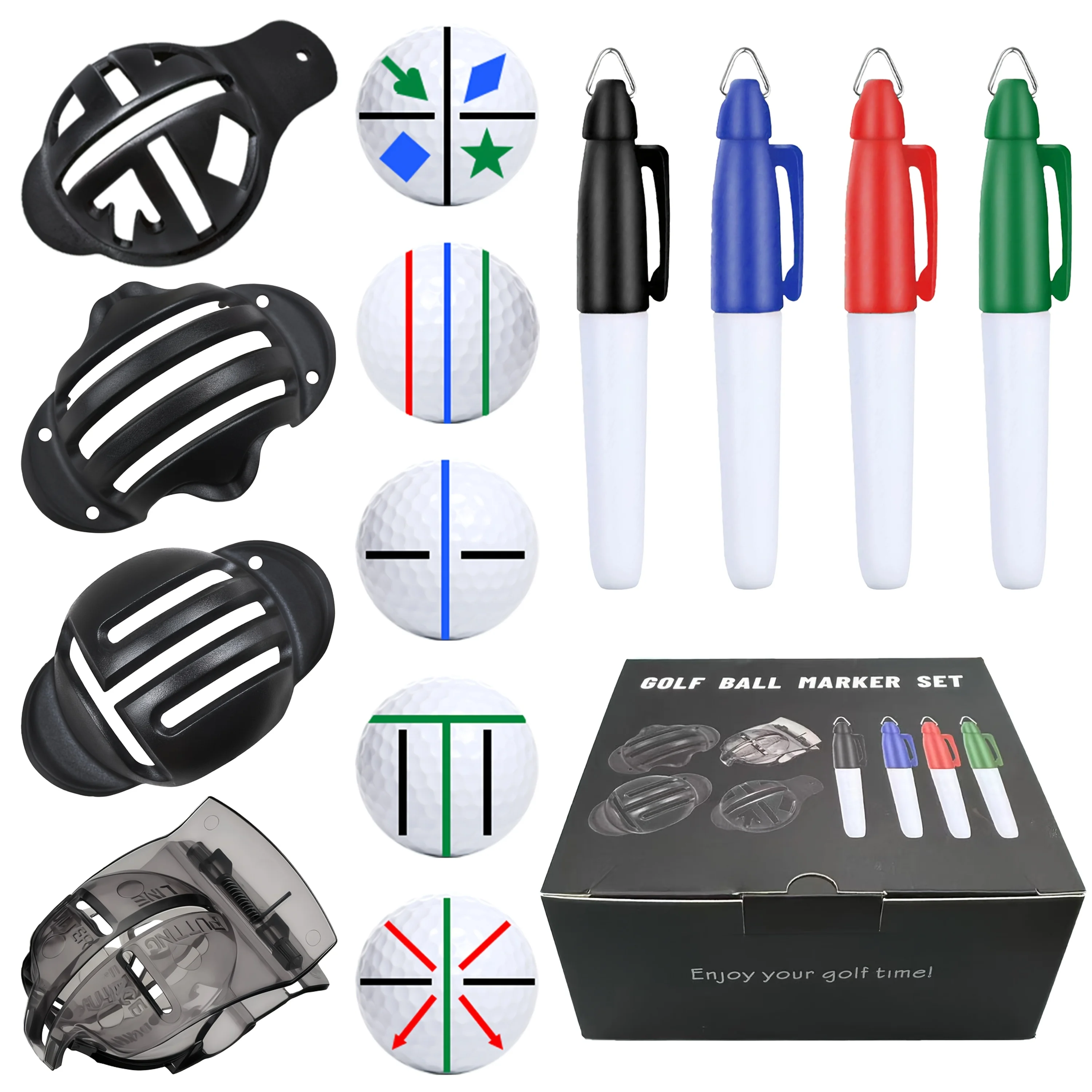 8pcs Golf Alignment Marker Pen Set 4 Templates 4 Multi Color Markers Portable Golf Training Practice Outdoor Sport Accessory Kit