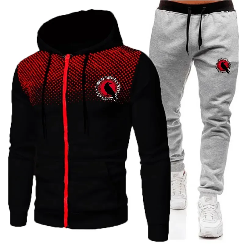 طقم جاكيت رجالي أسود أحمر متدرج مطبوع عليه شعار هوديي وبنطلون رياضي رمادي مناسب لملابس رياضية غير رسمية في صالة الألعاب الرياضية #2