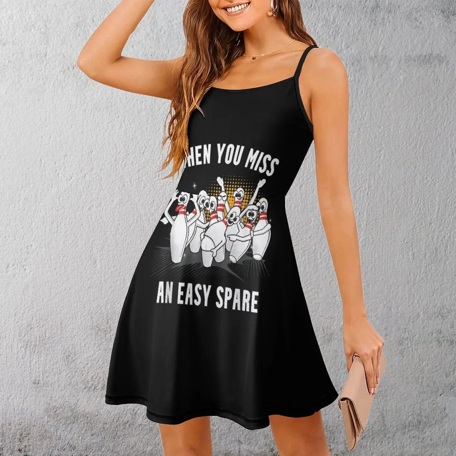 

Exotic Bowling Miss Spare Fun Novelty Women's Sling Dress Woman's Gown Humor Graphic Parties Strappy Dress