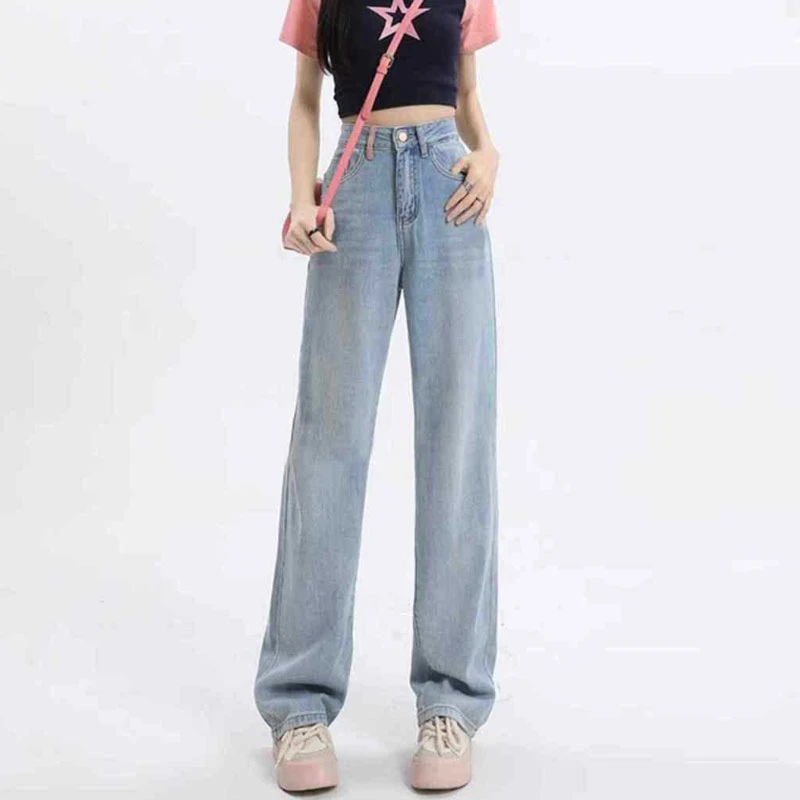 Korean design sense of collision color embroidery pockets high waist straight loose wide-legged dragging jeans pants women