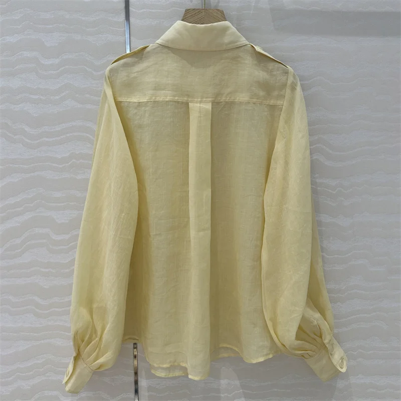 

Women's shirt New autumn 2025 single breasted slim fit lapel long sleeved top 100% hemp Women's blouse Asymmetric Thin coat y2k