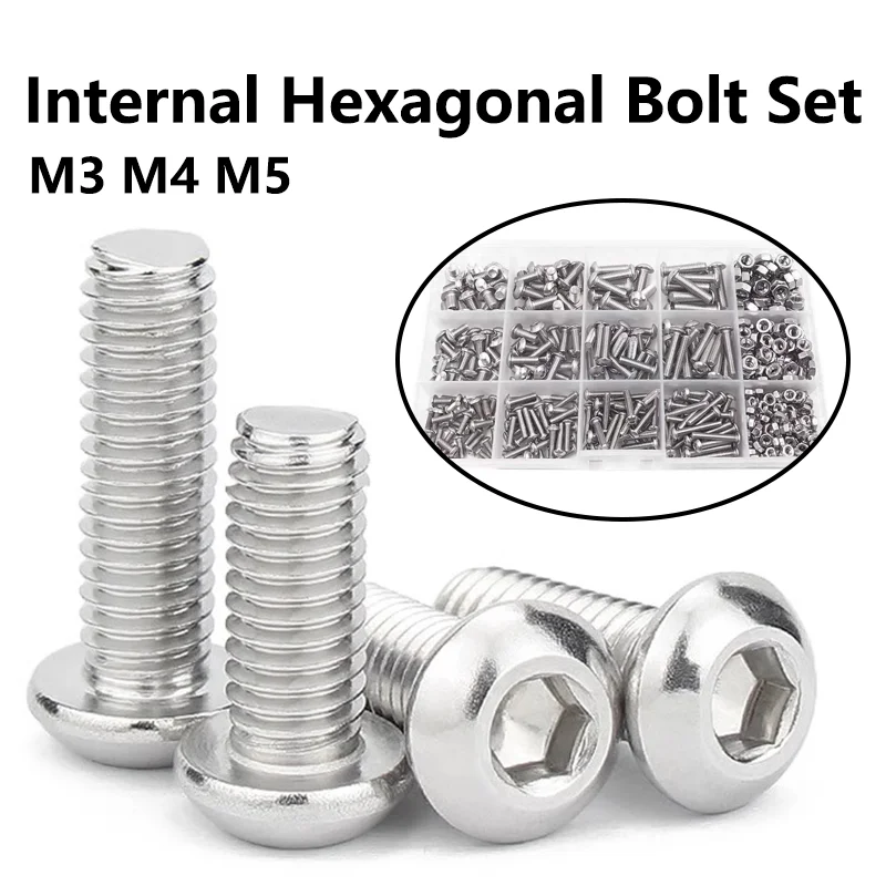 

500pcs/Box Screws Hex Socket Button Head Allen Bolt Mechanical Screw M3 M4 M5 304 Stainless Steel