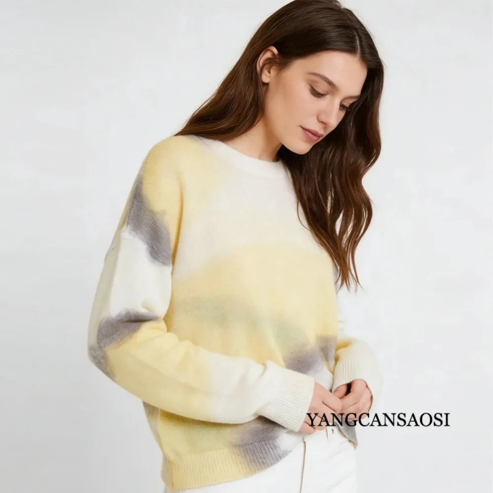 Haut en laine 60%, pull tricoté à manches longues de couleur dégradée pour femmes, Style paresseux, décontracté et confortable, nouveau Style printemps 2026