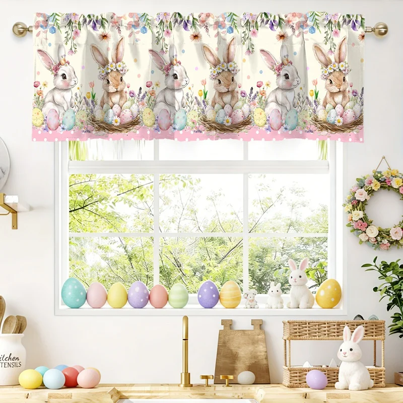 Easter Bunny Short Curtains Valances Happy Easter Party Decorations for Home 2026 Spring Windows Treatments for Kitchen Bathroom