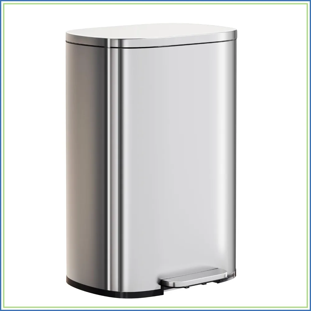 

13 Gallon Stainless Steel Trash Can with Lid, Foot Pedal, Soft Close, Inner Bucket for Kitchen Office