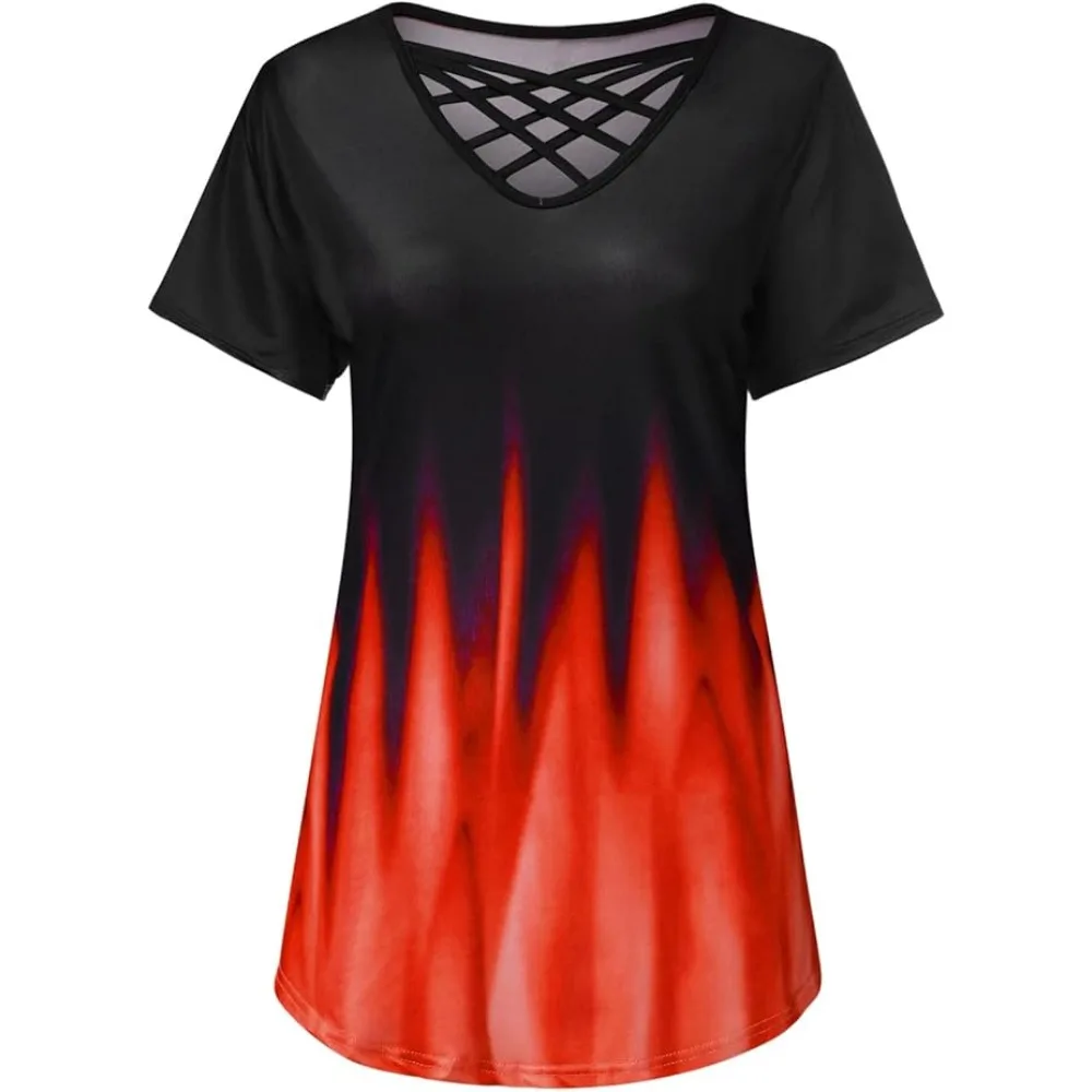 حجم كبير 1XL-5XL المرأة موضة نصف كم تي شيرت مطبوعة التدرج BeltT-shirt المرأة عادية اللون التدرج الخامس الرقبة الصليب قميص