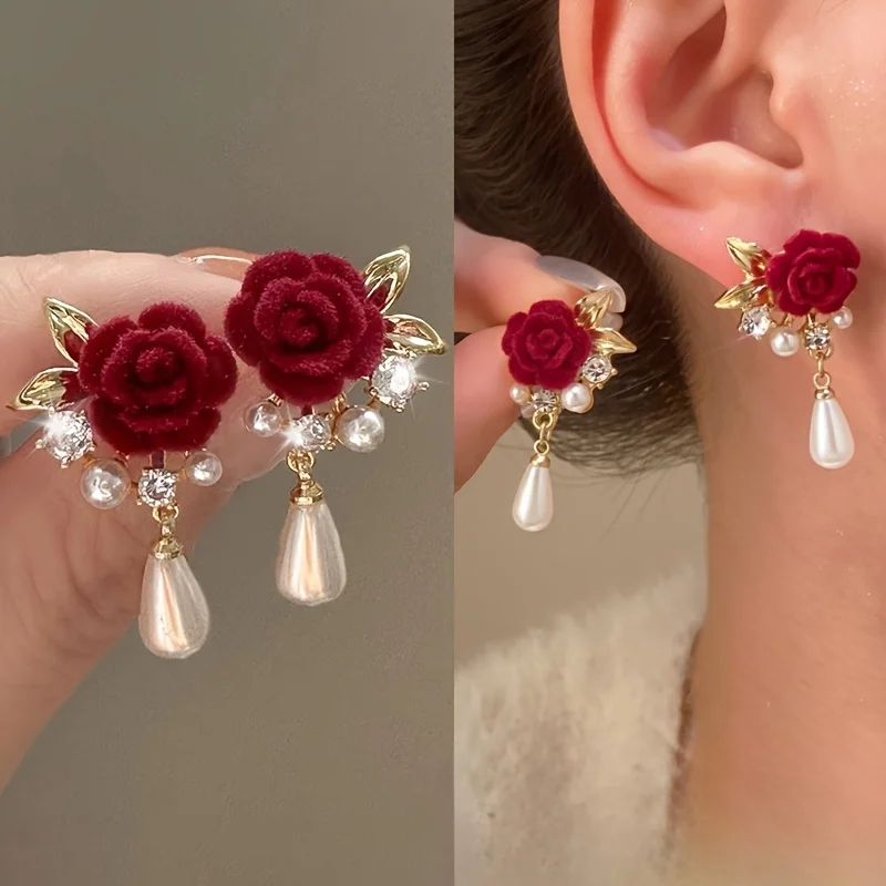 

2 Pieces/1 Yes，Flocked Rose Pendant Earrings， Elegant and fashionable ladies dress earrings