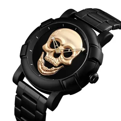 Black Gold Dial Quartz Watch Men 3D Skull Head Pattern Stainless Steel Steampunk Rock Engraved Cool Mexico Man Male reloj hombre