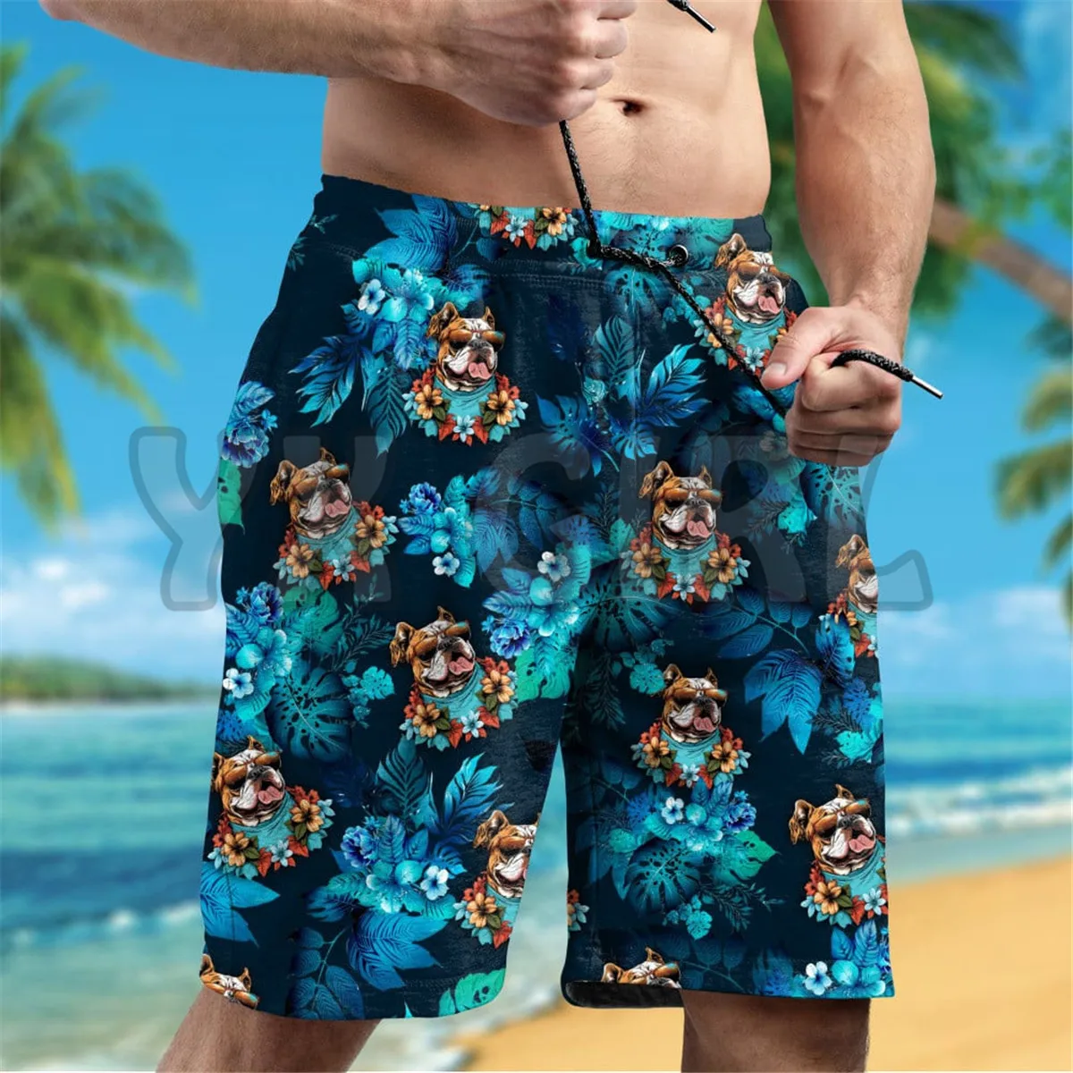 Bulldog Wearing Sunglass Funny Hawaiian Shirt 3D Printed Hawaiian Shirt+Beach Shorts Summer Tops