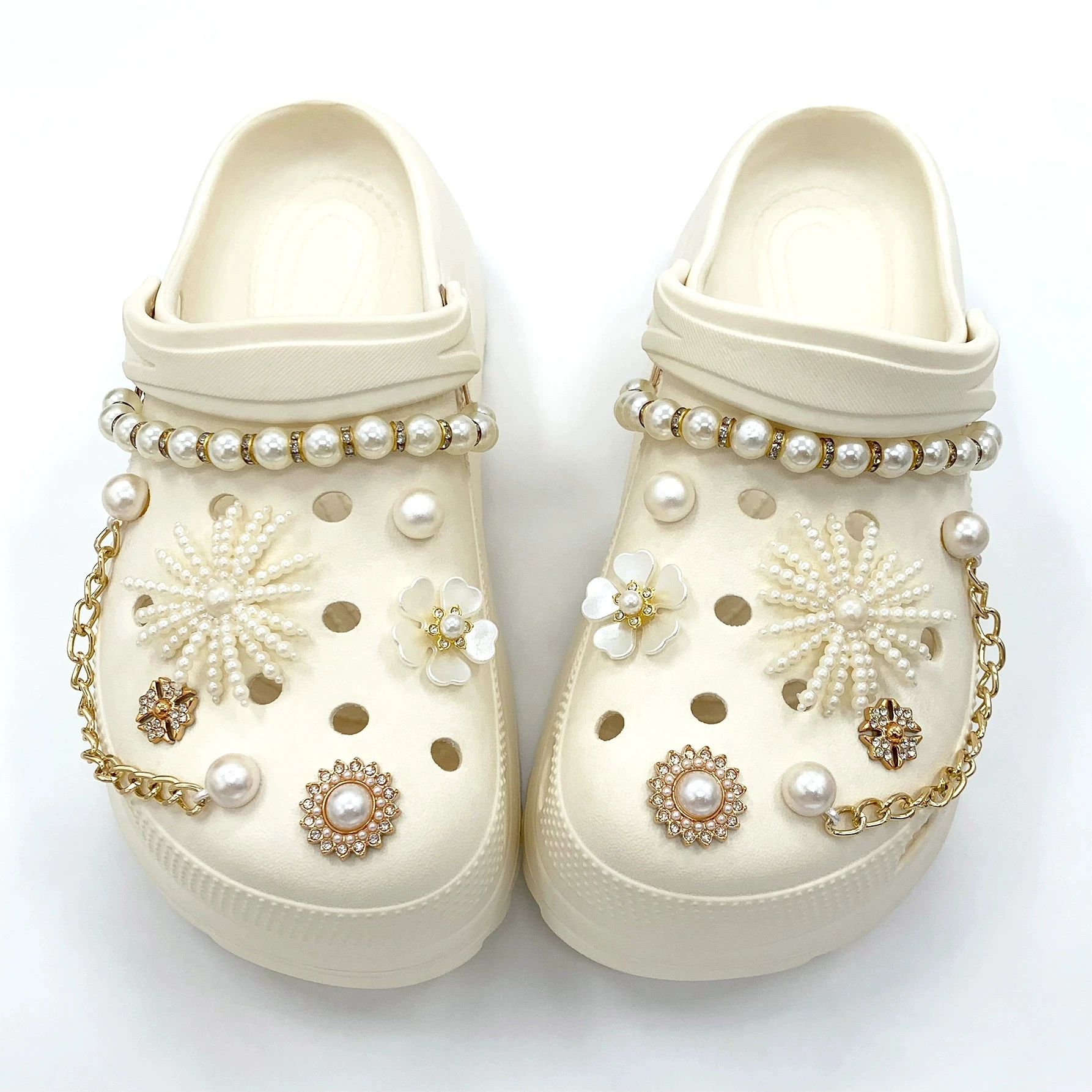 14 Pcs Set Elegant Pearls Chain Shoe Charms Accessories Women DIY Shoe Buckle Decorations for Sandals Beach Clogs Garden Shoes