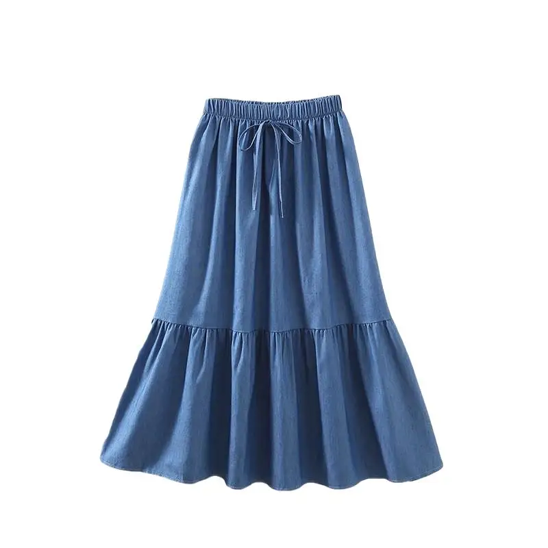 Women denim skirts 2026 new summer fashion solid color casual jean trumpet skirts high waist slim preppy style ruffles skirts