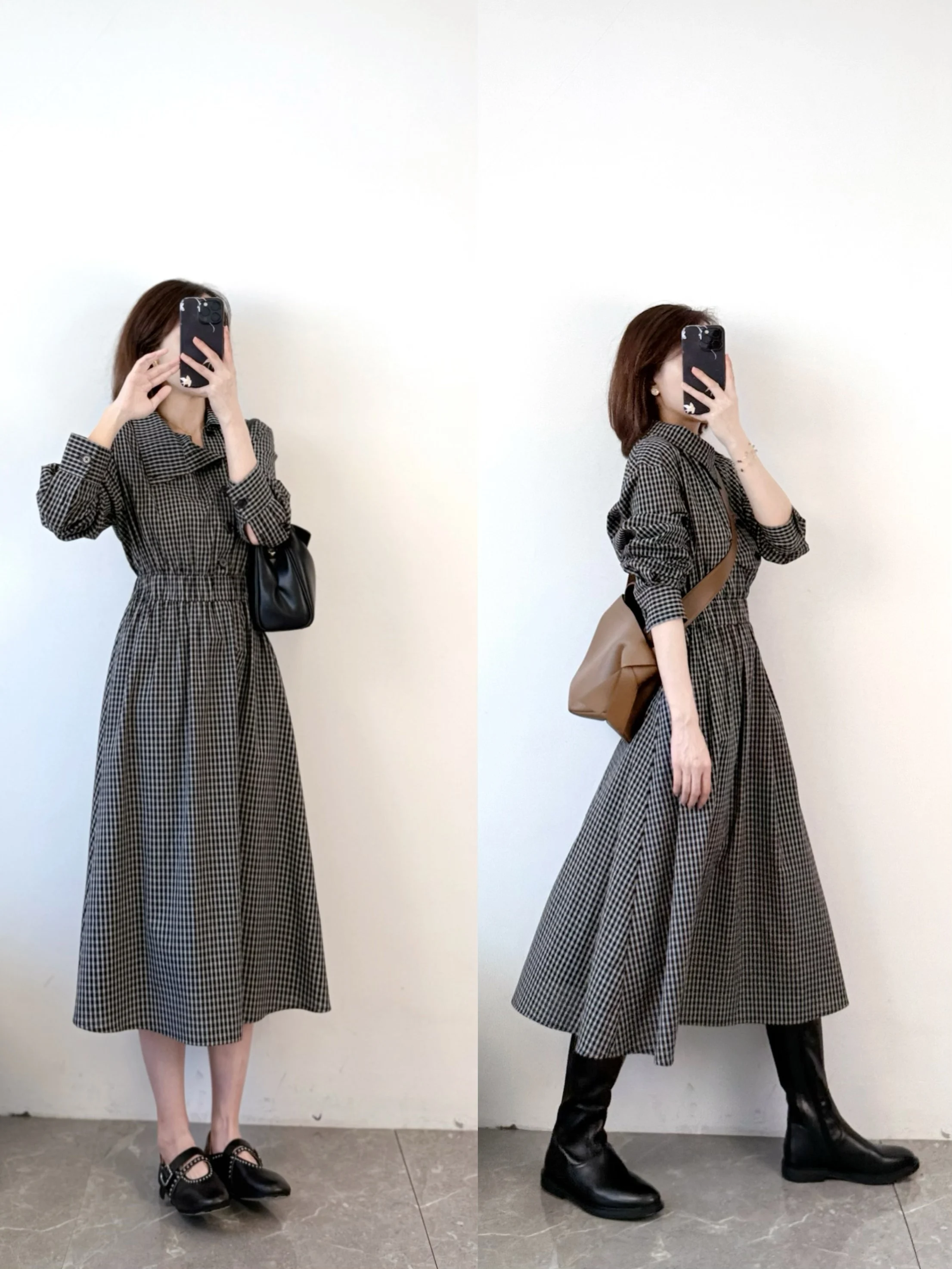 

Original Design Lady's Dr Plaid Splicing Cotton Small Square Long Sve Waist Inward Slimming Commute Long Skirt