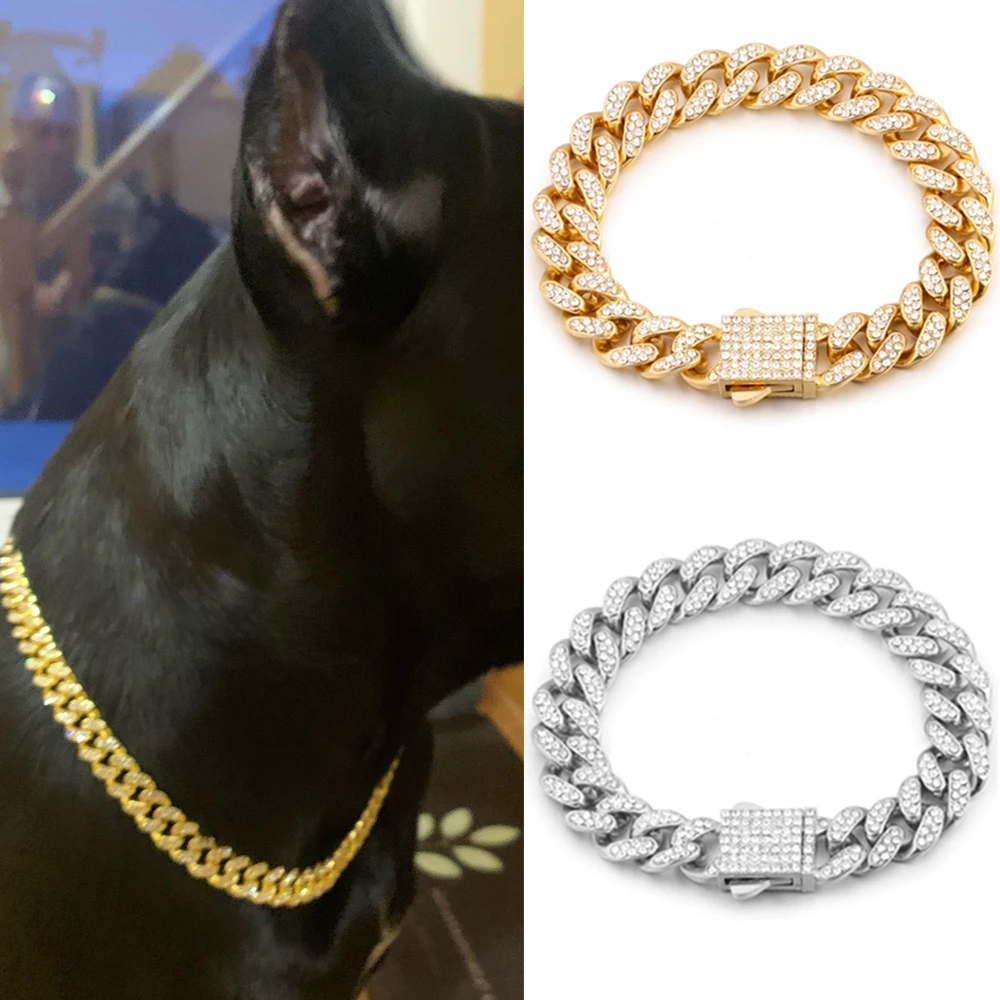 Luxury Dog Collar Chain Harness French Bulldog 13MM Miami Cuban Link Chain Pet Necklace For Dogs Cat Jewelry Accessories