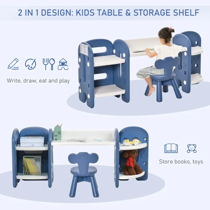ABST Children's Desk Set Contain 1 Table With Storage Space and 2 Chairs Children to Learn Draw Read Plastic Table and Chair Set