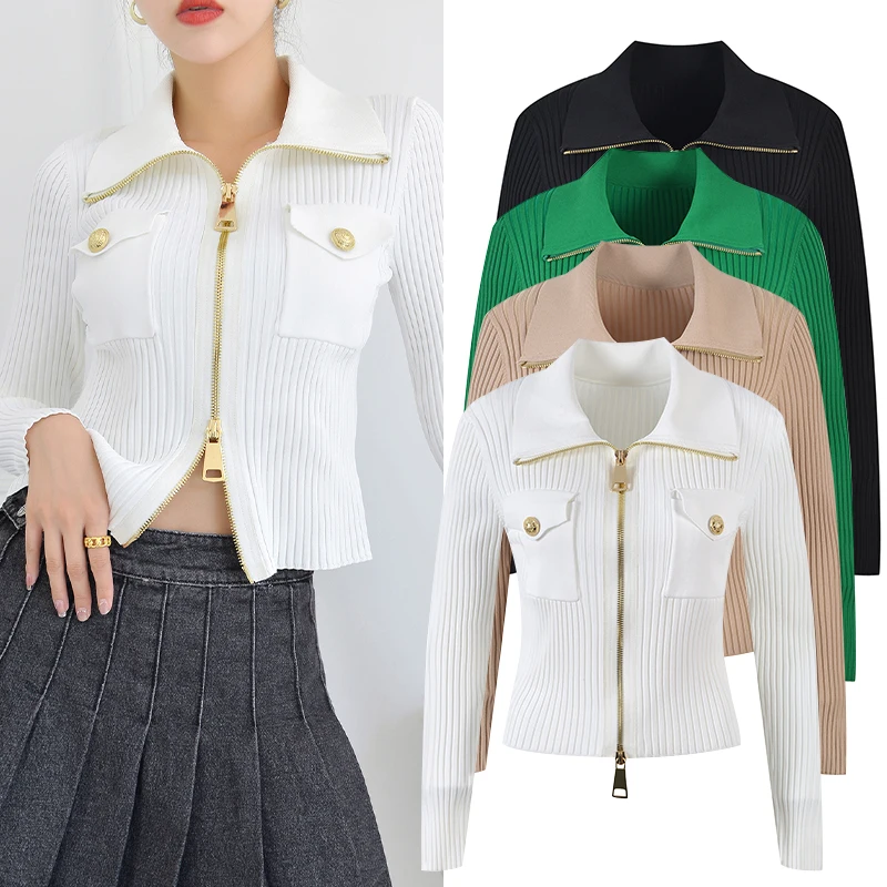 

High-End Parisian Feel Double Zipper Emed Gold Button Long Sve ort Knitted Jaet Women's Open Cardigan Premium Version