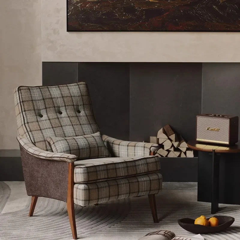 

Single sofa American sofa Tiger Fabric leisure American Comfortable lattice retro solid wood single