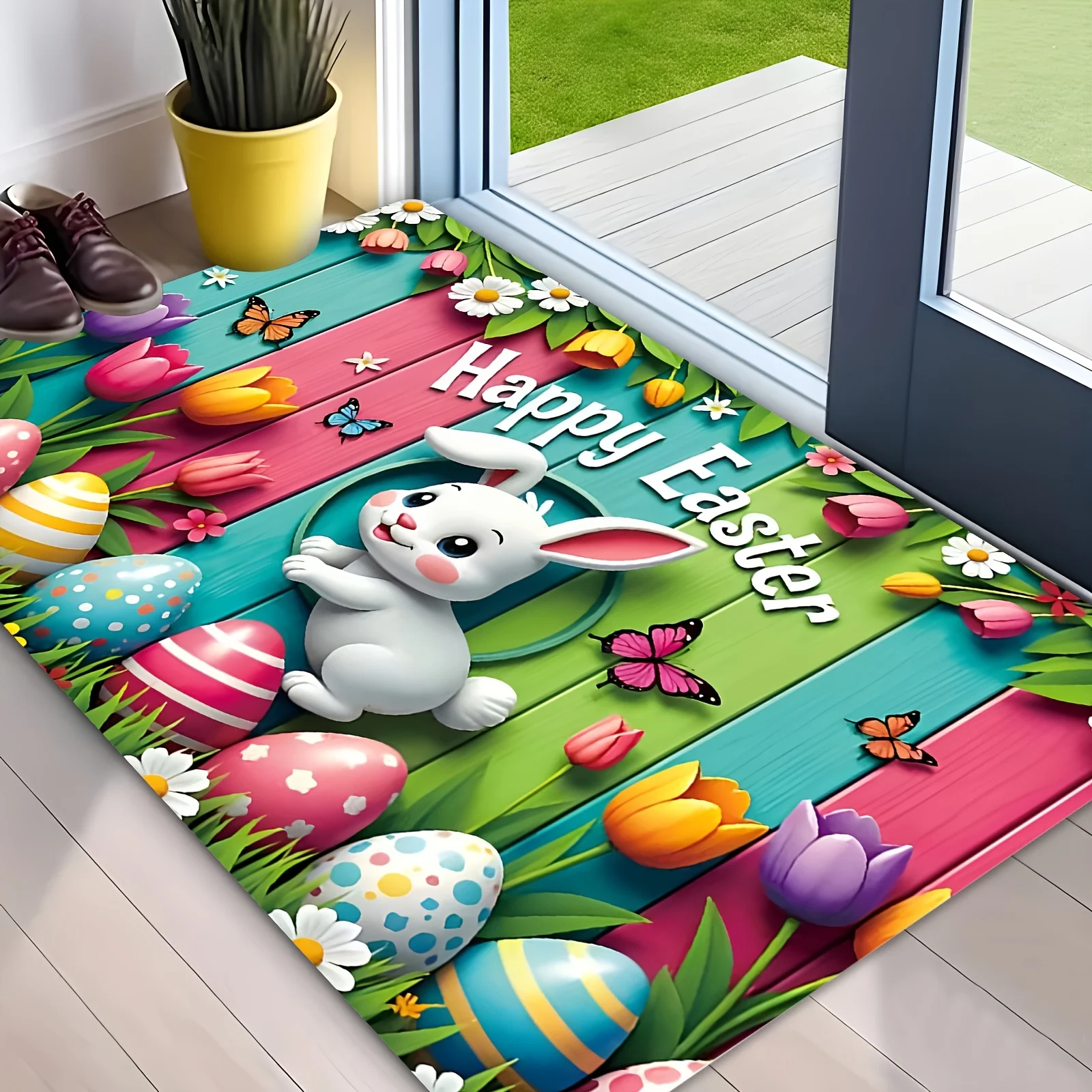 Easter Bunny Spring Egg Hunt Rug Non Slip Washable Mat With Spring Flowers Print For Entryway Room Indoor Home Decor