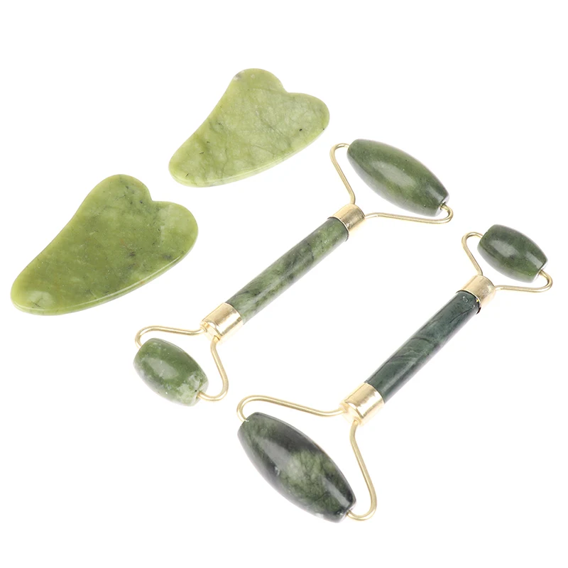 

Natural Jade Massage Roller + Guasha Board SPA Scraper Stone Facial Massager Set
