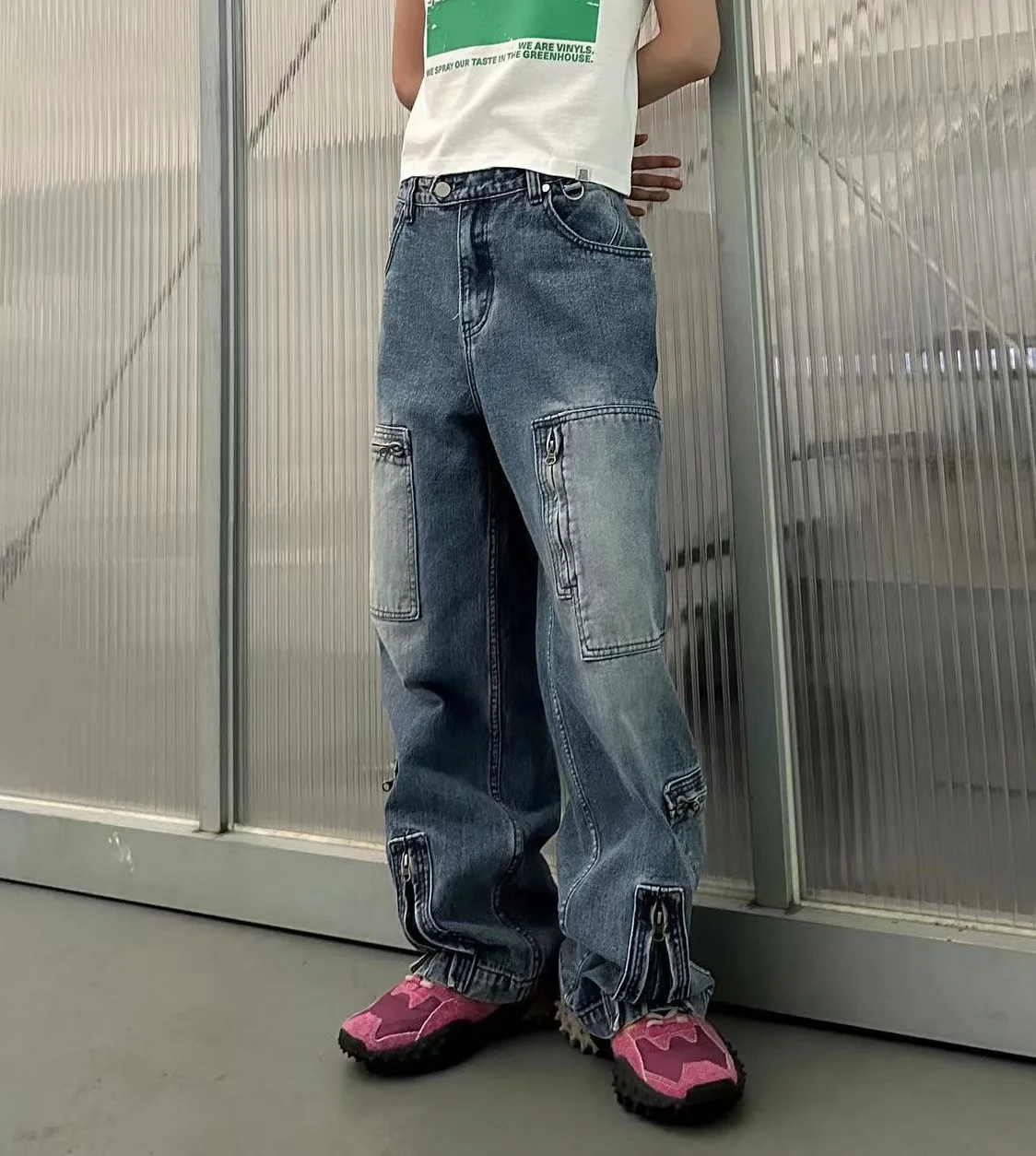 

Waed Denim Heavy Du Zipper Loose Wide kets Retro Street Straight Leg Long Trousers Trendy Women's Jeans l Waist