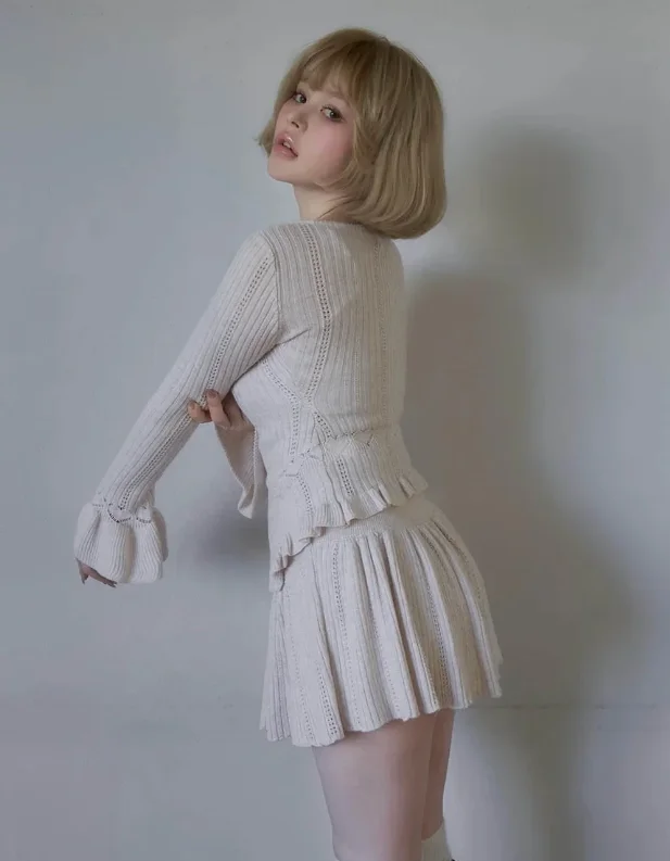 

Japanese Style Women's Casual Sets 2025 Spring Autumn New Sweet Ruffled Knitted Long Sleeve Top and Short Skirt Set Femme