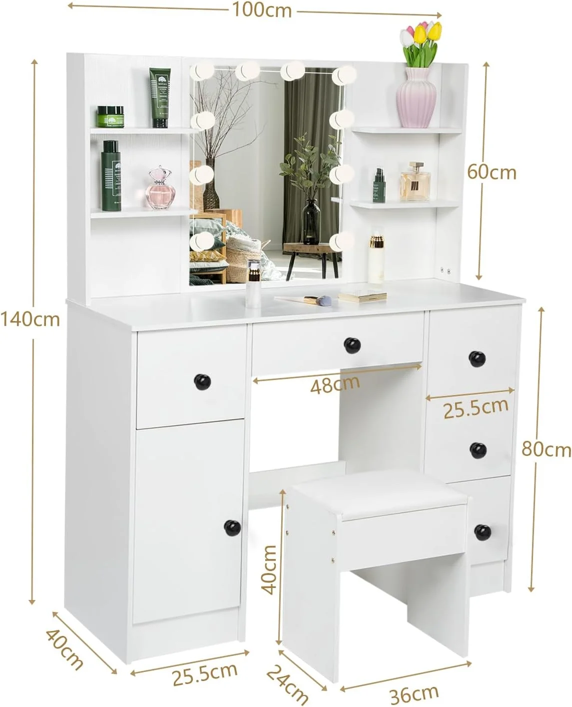 โต๊ะเครื่องแป้งแต่งหน้าเฟอร์นิเจอร์ห้องนอนโต๊ะเครื่องแป้งพร้อมกระจกและสตูลสําหรับกรูมมิ่งและจัดแต่งทรงผมส่วนบุคคล