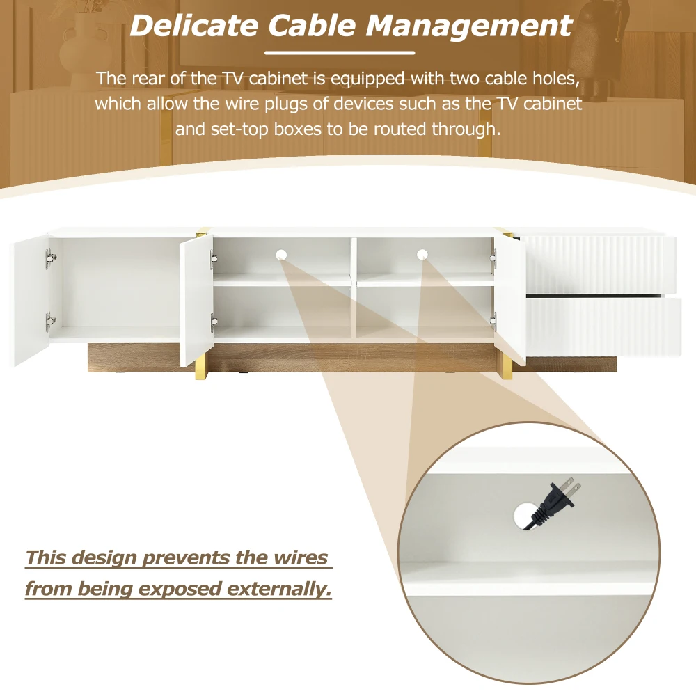 Support TV cannelé pour téléviseurs, centre de divertissement moderne avec armoires de rangement et égouts de proximité, console multimédia lisse, blanc, jusqu'à 80 en effet