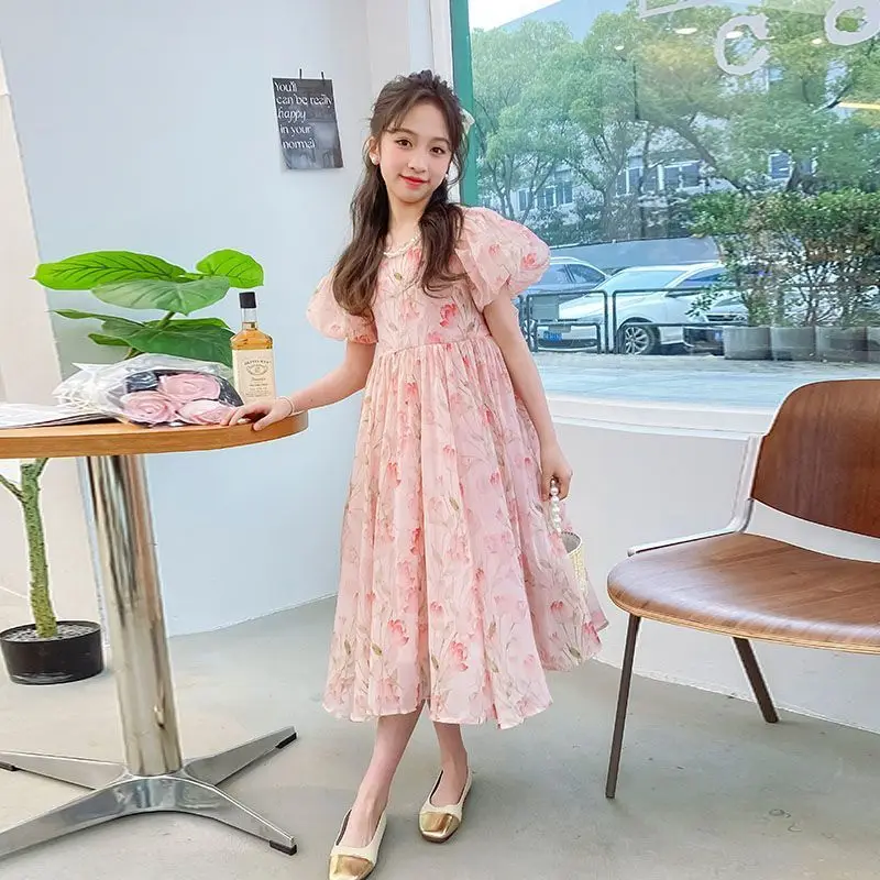 Fashion Flower Oil Painting 3-7 Years Girl Clothes Sleeveless Backless Green Large Bow Printed Princess Dresses Party Costumes