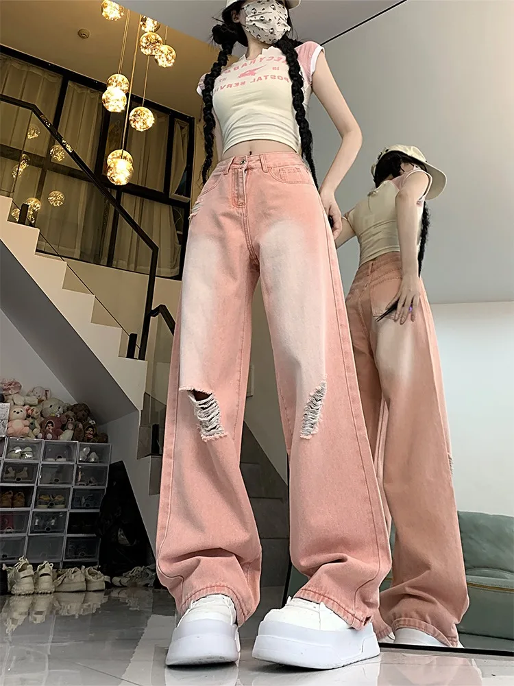 

Y2K розовые широкие рваные джинсы с высокой талией, женские свободные прямые мешковатые джинсовые брюки в корейском стиле, уличная одежда, винтажные брюки
