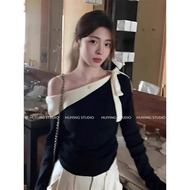 Slash Neck Off Shoulder Knitting Bottoming Shirt Women Autumn Winter Elegant Temperament Sweater Fashion All-match Knitwear Tops