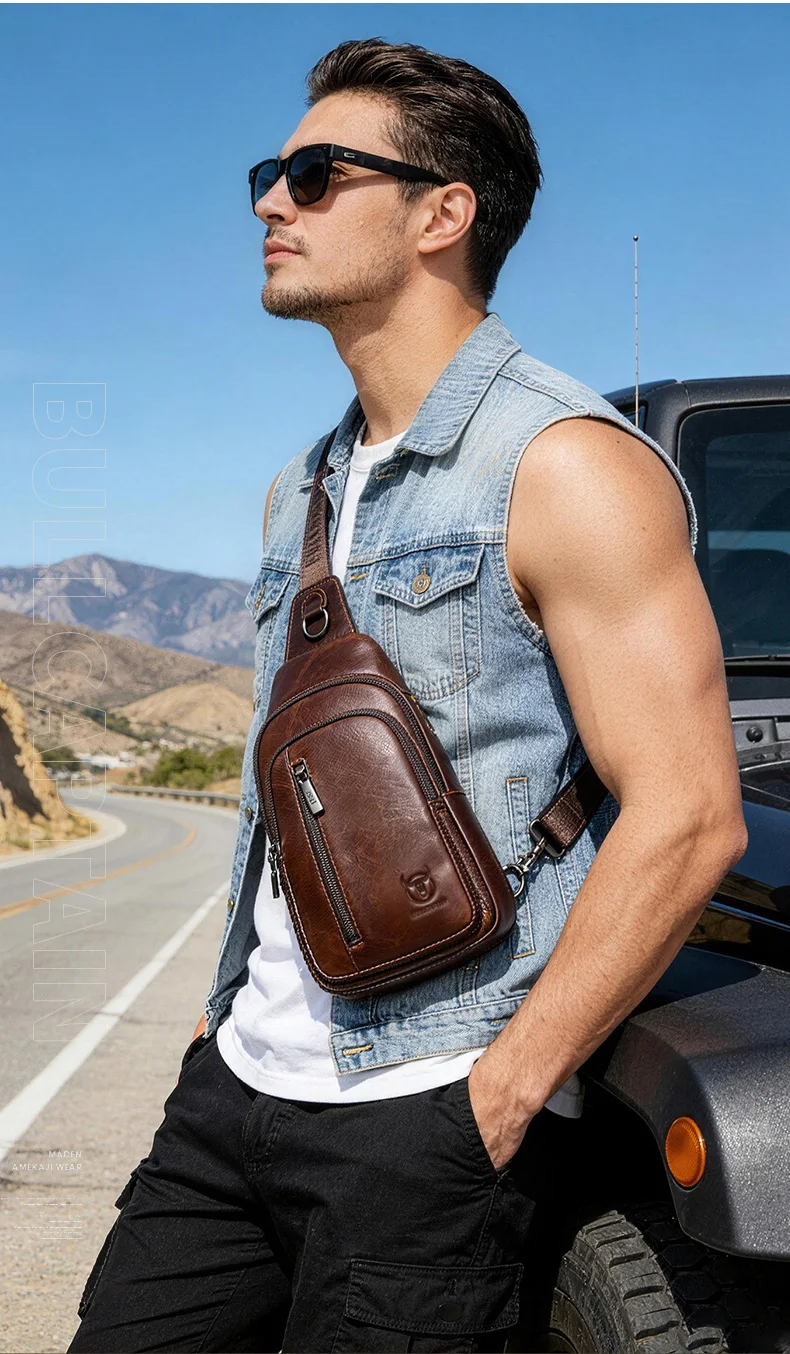 BULLCAPTAIN Brusttasche aus echtem Leder, große Kapazität, lässige Umhängetasche, multifunktionale Umhängetasche aus Leder der ersten Schicht – Detail 3