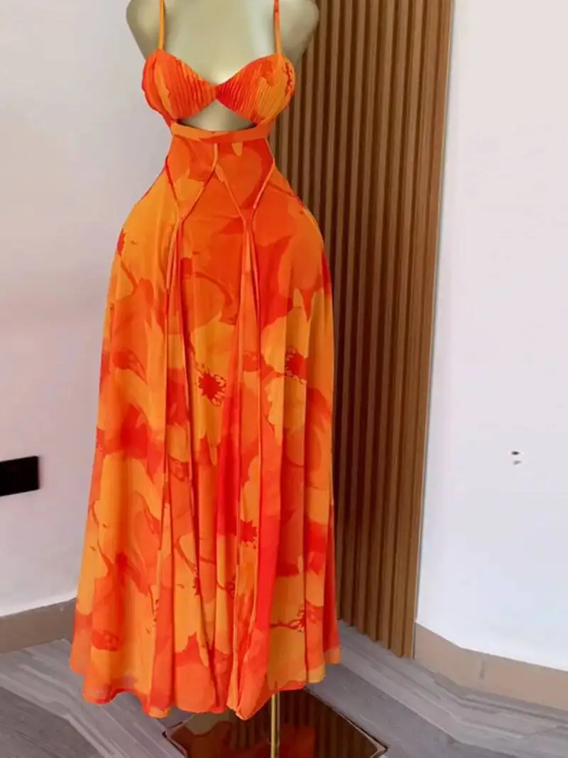 Frauen Floral Bedruckte Strap Backless Bh Vorne Große Schaukel Maxi Langes Kleid Vintage Sexy Club Party Abendkleider EWQ5