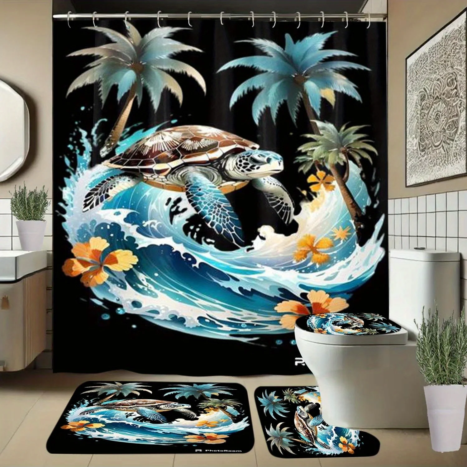 

4 шт. морская черепаха, пальма, занавеска для душа с рисунком океанской волны и крючками, занавески для перегородки в ванной комнате, аксессуары для домашнего декора