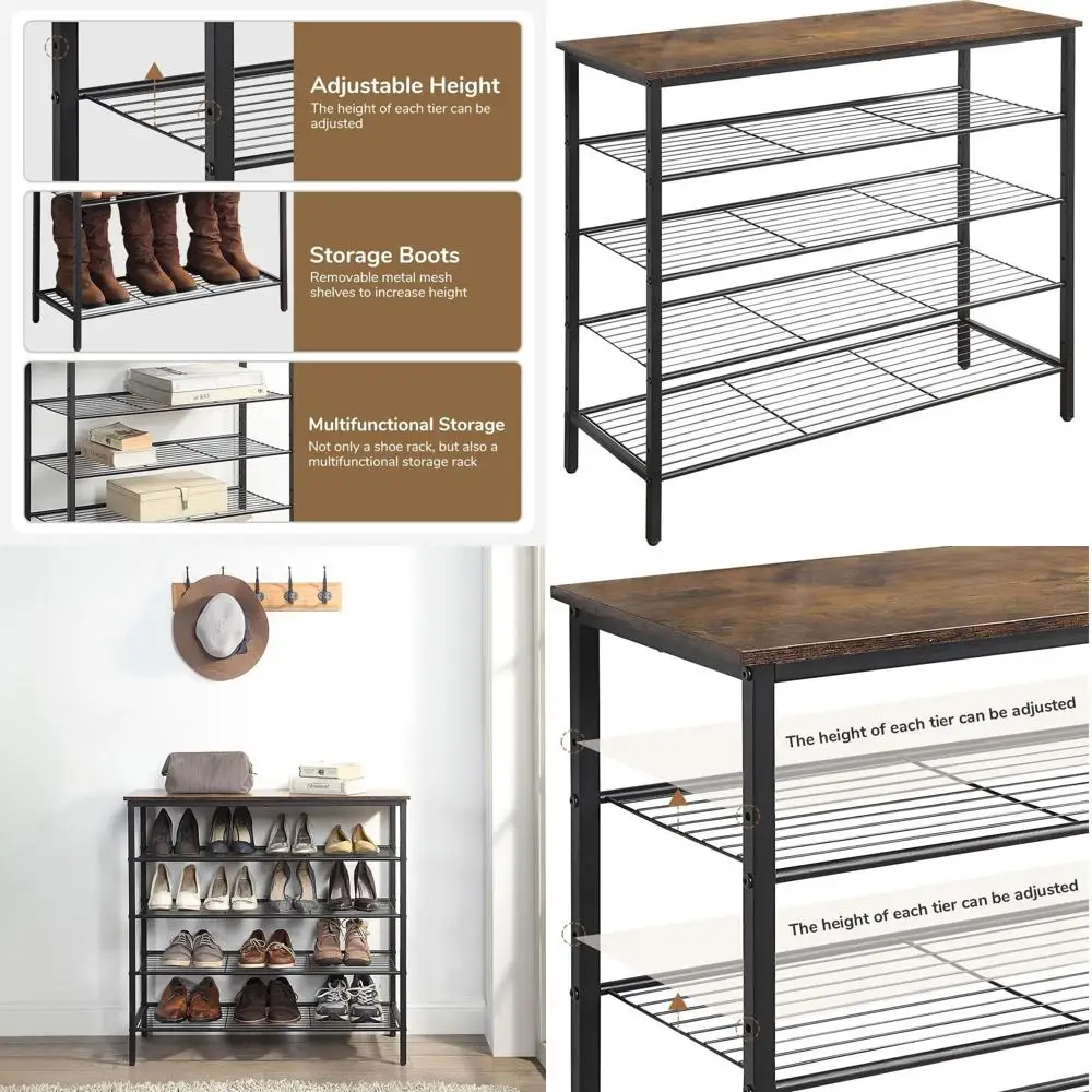 

5-уровневая металлическая сетчатая полка-органайзер для обуви — коричневый в деревенском стиле, идеально подходит для прихожей, прихожей, шкафов, общежитий