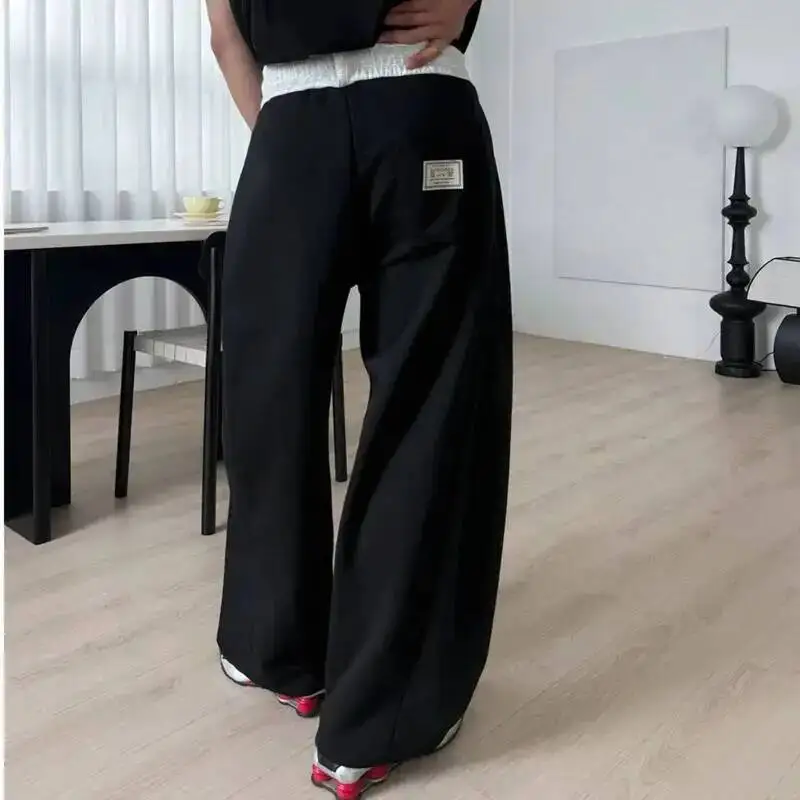 Men's Casual Pants Black Colorblock Double Waistband Loose Wide Leg Elastic Waist Korean Style Fashion Trousers 9XHZFD