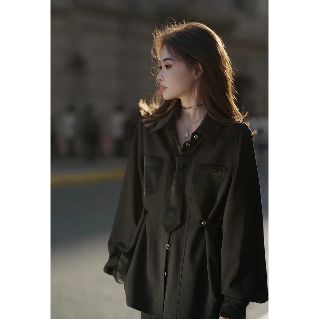 

TUNT Spring Autumn Shadow Light Leather Crocodile Texture Patterned New Rich Style Office Lady Long Sleeve Shirt Women's Busi...