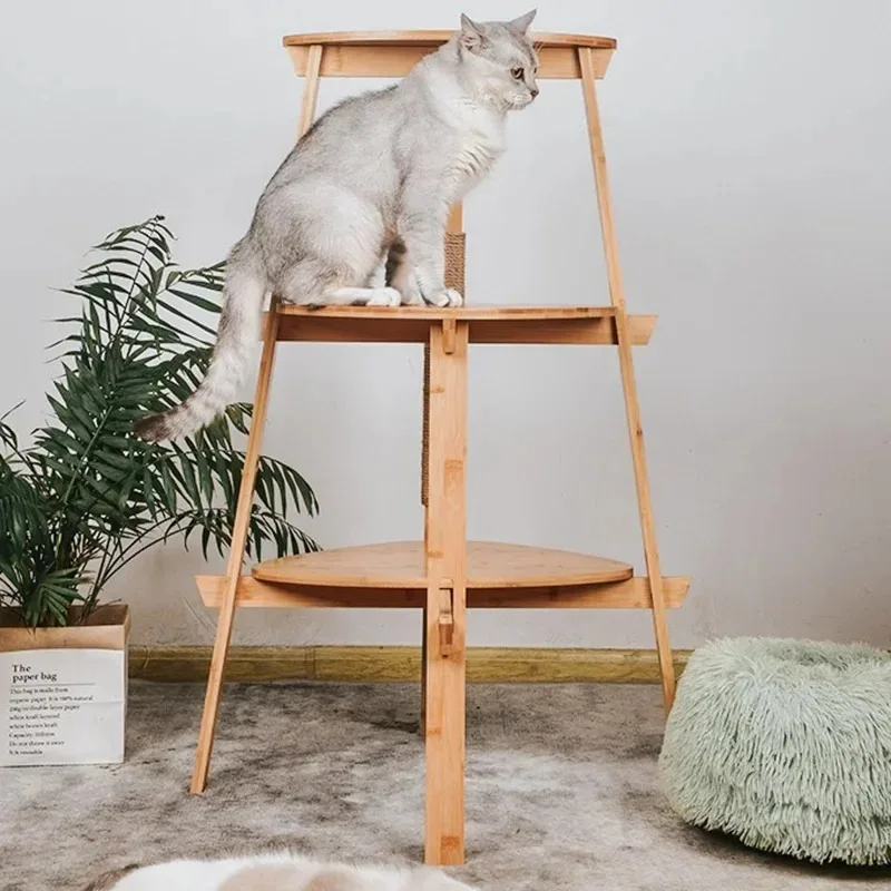 

Natural Bamboo Cats Tree Tower Three Layer Scratching Post Cats Climbing Frame Jumping Platform Cat Scratchers Pet Accessories