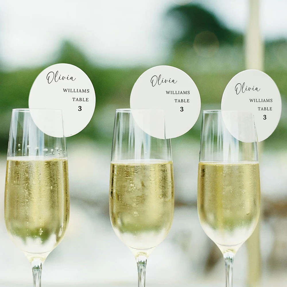 50 Uds. Etiquetas redondas personalizadas para bebidas, etiquetas para tarjetas de nombre de lugar de boda, marcadores de bebidas para champán, copa de vino, decoración del banquete de boda
