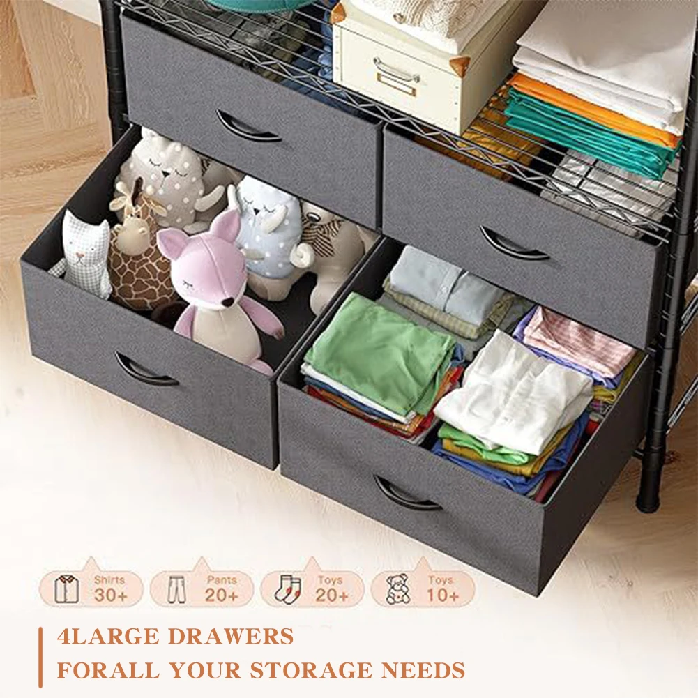 

Metal Clothing Rack with 4 Large Fabric Drawers Clothes Hanging Rack on The Ground Adjustable Shelves Hanging Rack for Bedroom