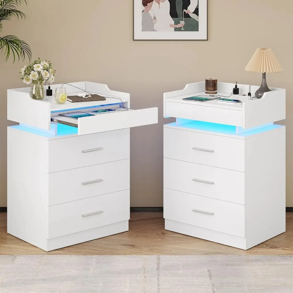 Large Nightstand with Charging Station and LED Lights, White Night Stand with 3 Drawers and 1 Pull-Out Tray Modern Bedside Table