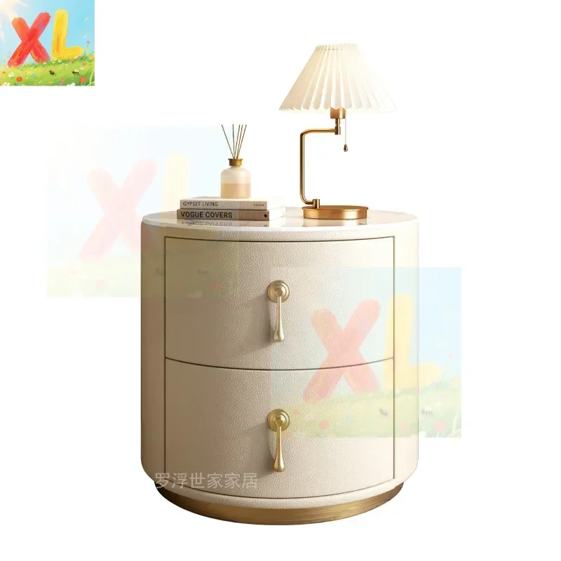 Light luxury bedside table Round modern simple small bedside table Bedroom advanced rock slab solid wood leather bedside table